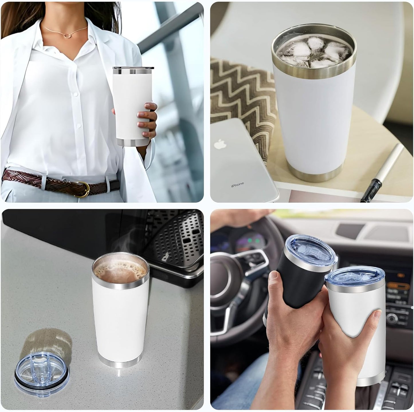 OMTech 20oz Tumblers Bulk, 6pc Stainless Steel Tumbler Set with Lid & Straw, Double Wall Vacuum Insulated Mug for Laser Engraver, Travel Coffee Mug for Hot & Cold Drinks, White Powder Coated Cup