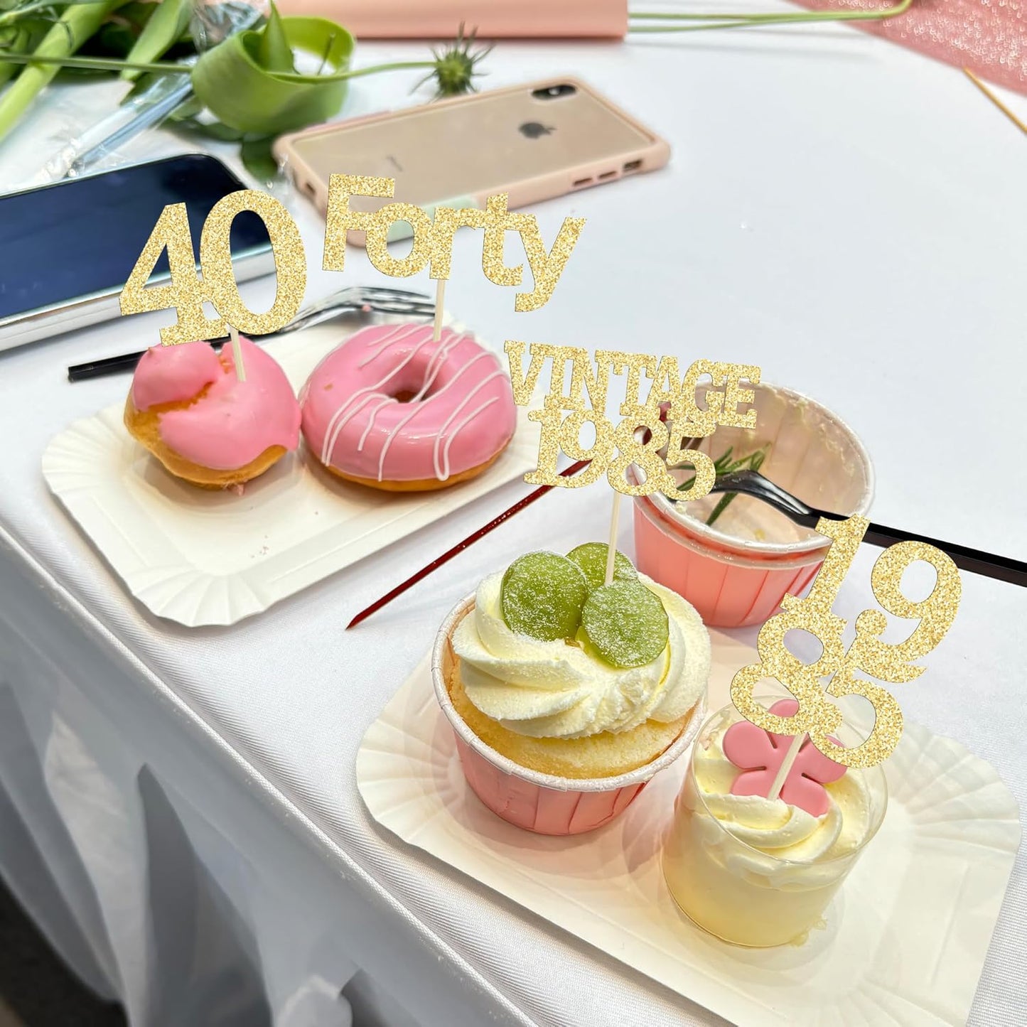Gyufise 24Pcs Happy 40th Birthday Cupcake Toppers Glitter Forty 40 Fabulous Vintage 1985 Cake Toppers for 40th Birthday Wedding Anniversary Party Cake Decorations Supplies Gold