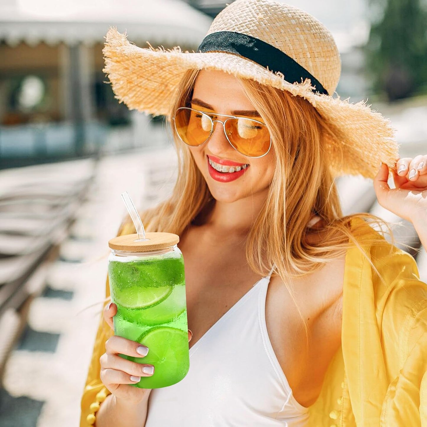 Joyclub Glass Cups with Bamboo Lids and Straws 20 Set 16 oz Reusable Iced Coffee Cup Beer Can Drinking Jars for Smoothie Whiskey Boba Soda Tea Gift