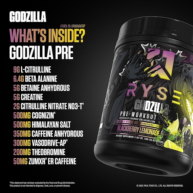 Ryse Godzilla X Noel Deyzel Pre Workout Powder - BlackBerry Lemonade - 400mg Caffeine, High Stim Pre-Workout for Men & Women with Citrulline & Beta Alanine - Energy, Pump & Focus - 20/40 Servings