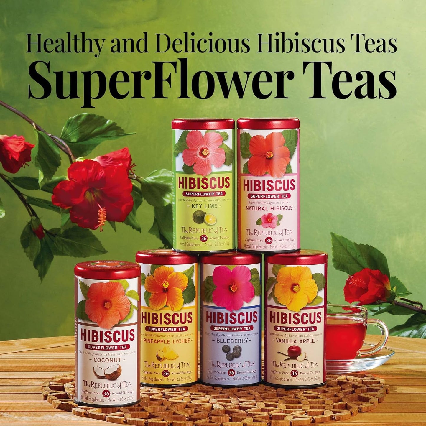 The Republic of Tea Natural Hibiscus Superflower Herbal Tea, Ruby Red Hibiscus Fine Blend, 36 Tea Bag Refill