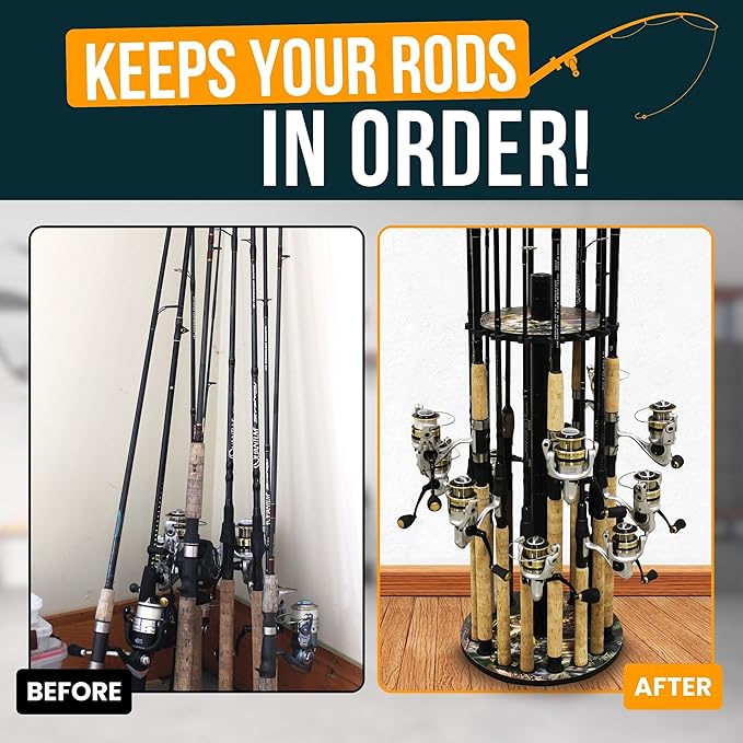 Rush Creek Creations Round Fishing Rod Holder - 16 Pole Rack with Clips for Garage Organization