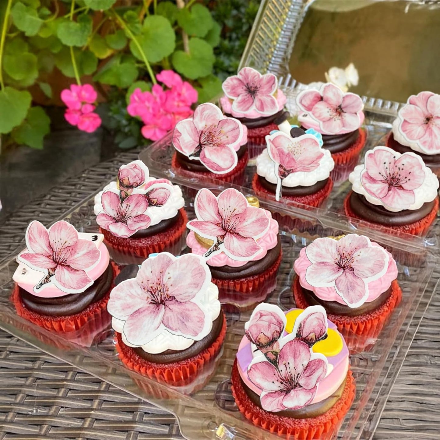 Ephlyn 50Pcs Edible Flowers Cake Topper Cupcake Toppers Wedding Themed Party Baby Shower Birthday Party Cupcake Picks Anniversary Party Decorations Supplies Pink