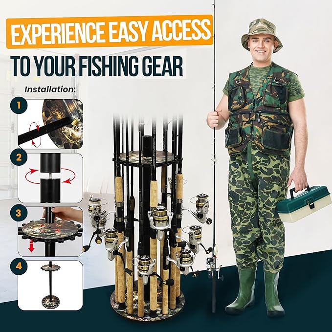 Rush Creek Creations Round Fishing Rod Holder - 16 Pole Rack with Clips for Garage Organization
