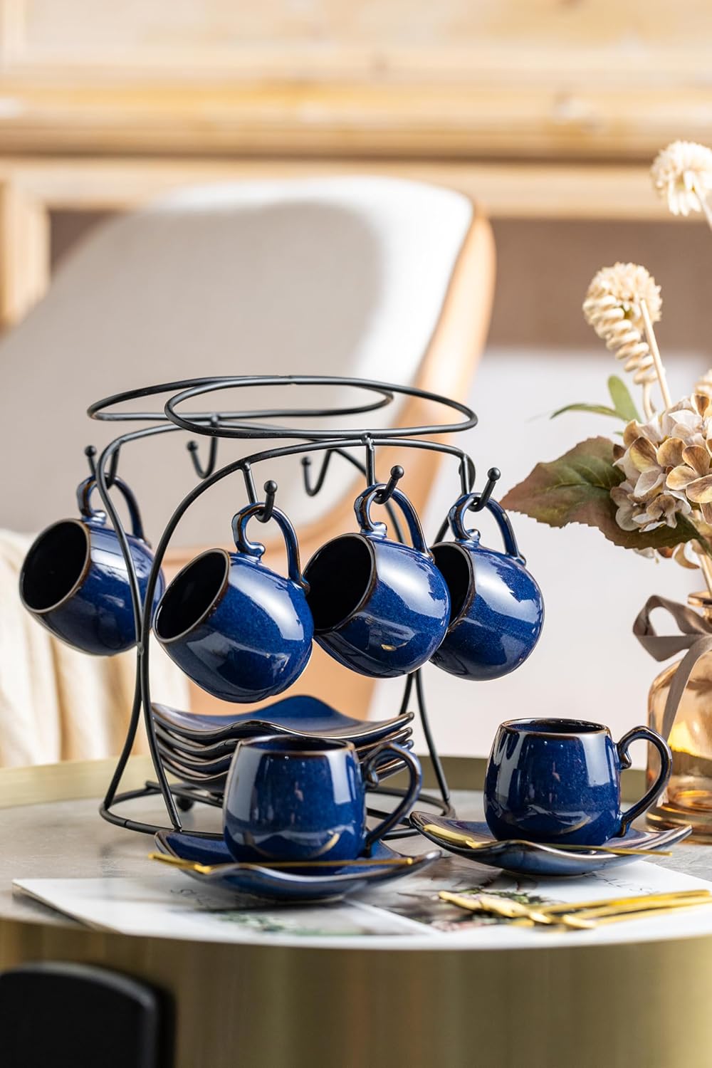 LYEOBOH 3oz Espresso Cups with Saucers, Small Coffee Cups Set of 6 with Spoons and Metal Stand, Ceramic Cute Demitasse Cups for Housewarming Wedding Gift, Cobalt Blue