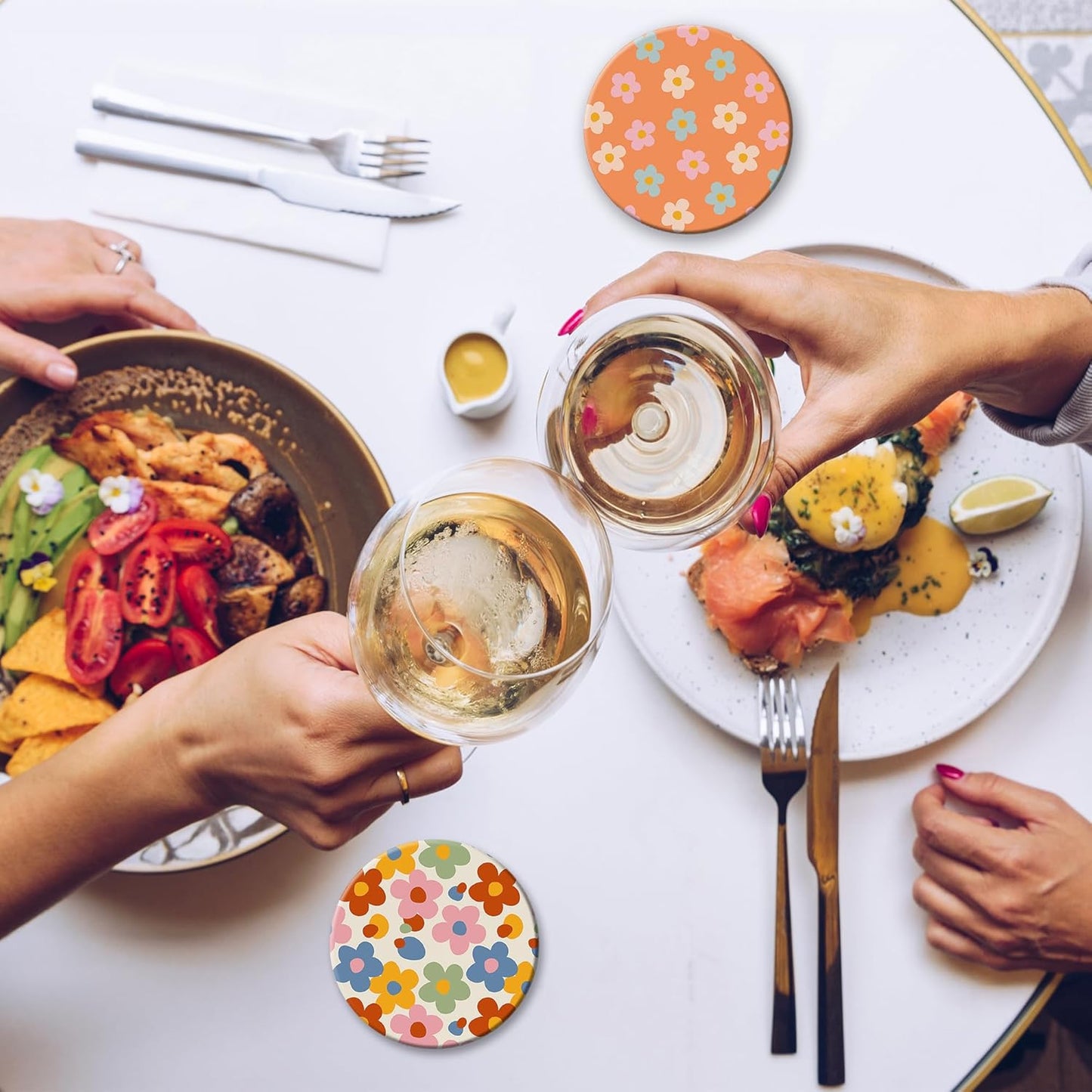 Drink Coasters Set of 6 with Holder, Vintage Groovy Flowers Absorbent Ceramic Drink Coaster for Tabletop Protection,Suitable for Kinds of Cups,Drinks Coasters for Home Office Decoration(4 Inches)