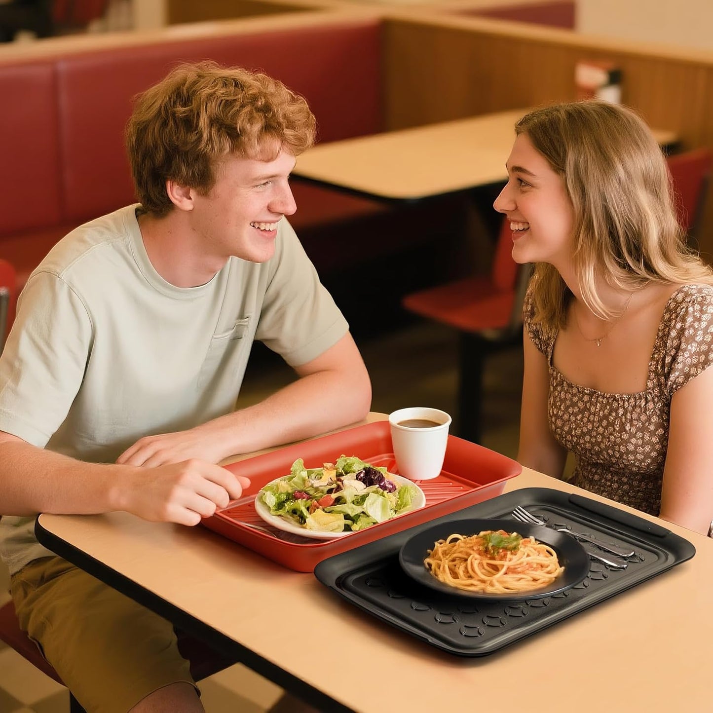 TP Grill Prep and Serving Tray, Deep BBQ Tray for Meat Marinating and Food Plating, Melamine Serving Platters Set of 2, Black and Red
