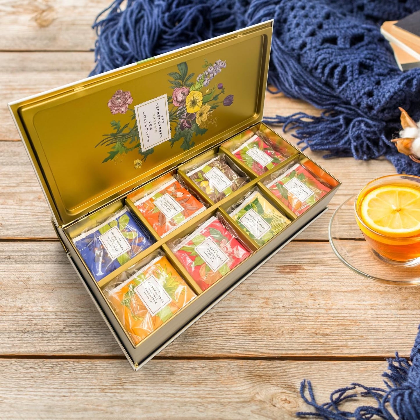 Premium Organic Tea Bag 80 Pack Sampler Designer Tin Book Gift Set 10 Per Flavor Assorted Variety Exotic Fruit Herbal Black And Green Teas Individually Wrapped (8 Flavors)