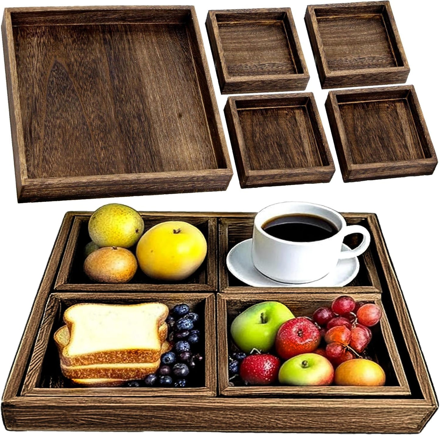 Rustic Wooden Serving Trays with Handle, Serving Platters, Charcuterie Board Set of 5 Nesting Food Trays for Serving Food, Home Decor/Breakfast/Coffee Table/Butler/Ottoman/Bed Tray