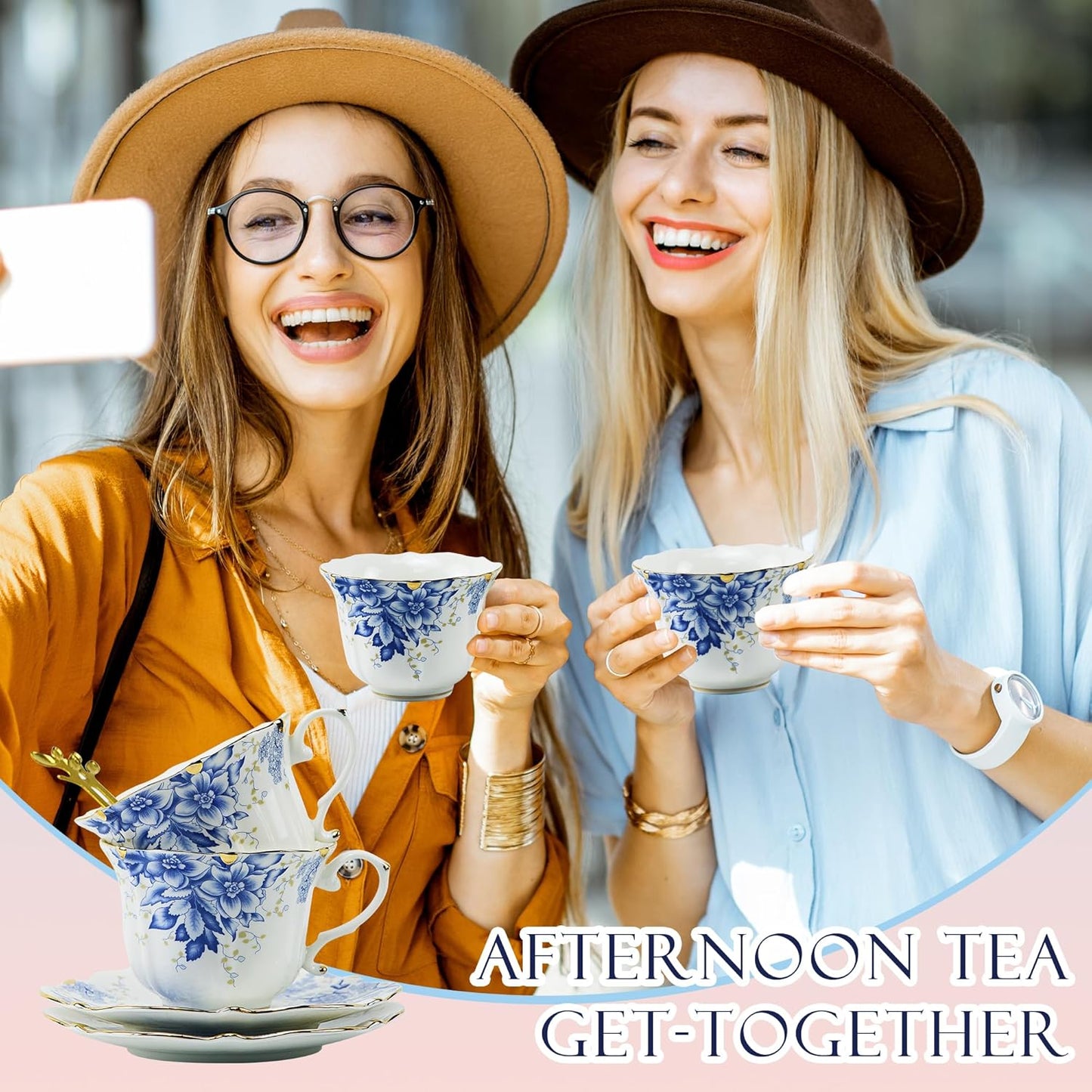 TATSUMI Country Roses Bone China Tea Cup and Saucer Set, 6 Pieces, Vintage Style, For Women and Tea Parties(Rose Blue,2 Sets)