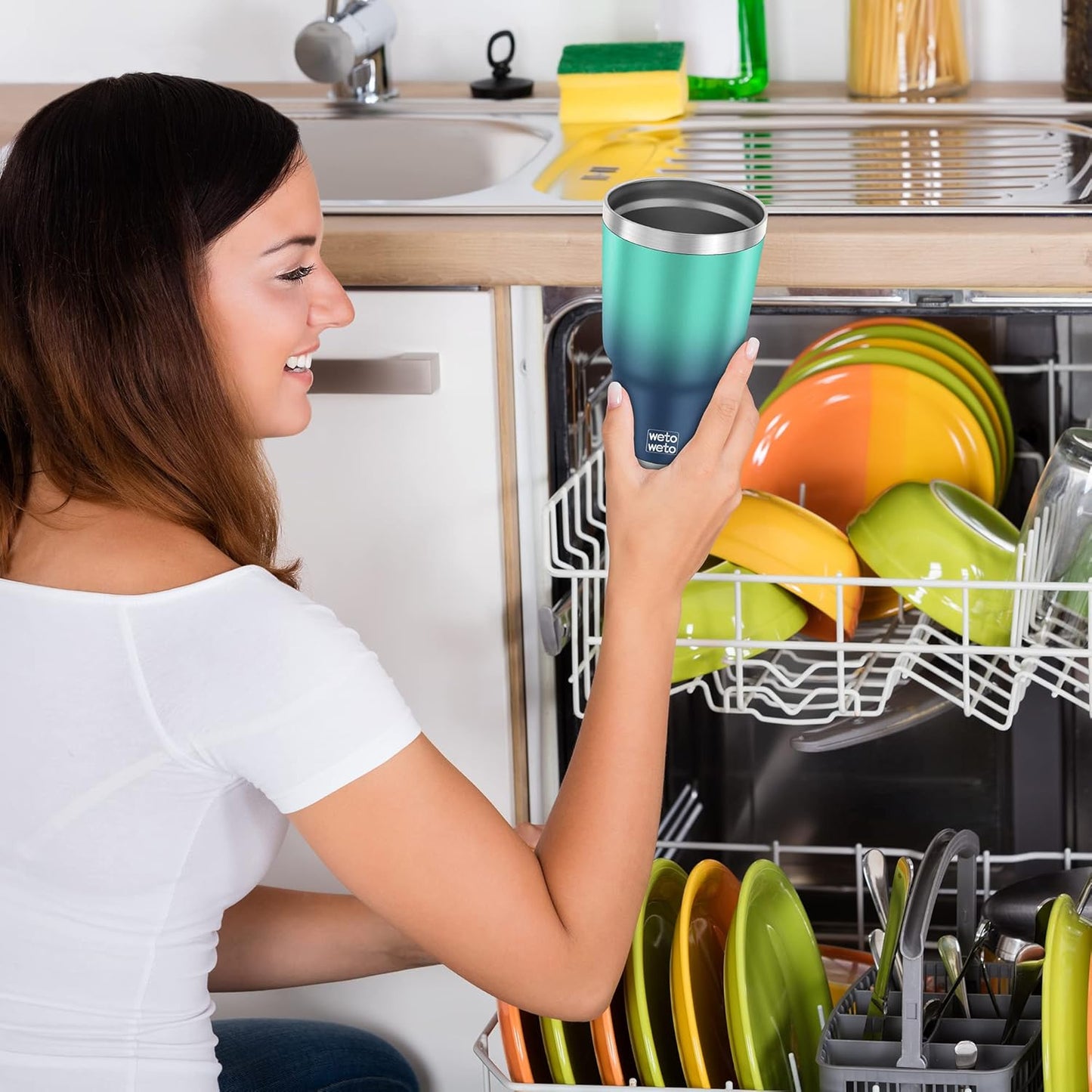 WETOWETO 30 oz Tumbler with 2 Straws and 2 Lids, Stainless Steel Insulated Vacuum Coffee Tumbler Cup, Double Wall Leakproof Travel Mug (Green-Blue Gradient, 1 Pack)