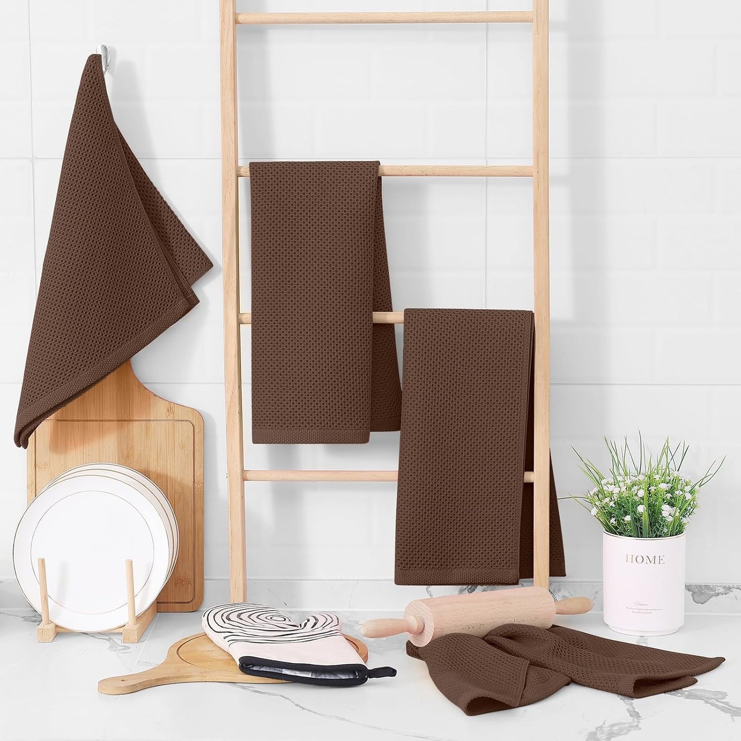 Homaxy 100% Cotton Waffle Weave Kitchen Dish Towels, Ultra Soft Absorbent Quick Drying Cleaning Towel, 13 x 28 Inches, 12-Pack, Coffee