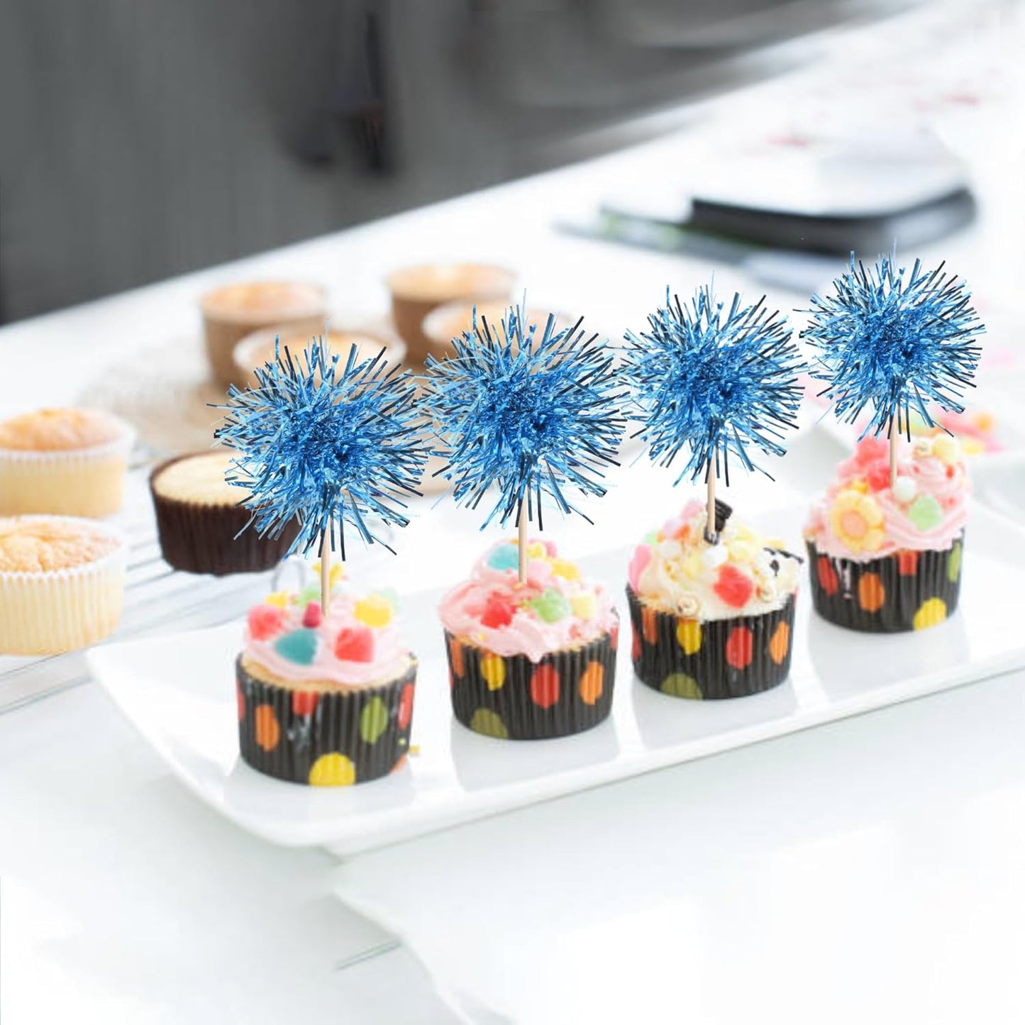 40 PCS Foil Firework Cupcake Toppers Light Blue Sparkler Cupcake Picks Sparkle Tinsel Fireworks Decorations Cocktail Fruit Toothpick for Firework Theme Birthday Wedding Graduation Party Decor Supplies