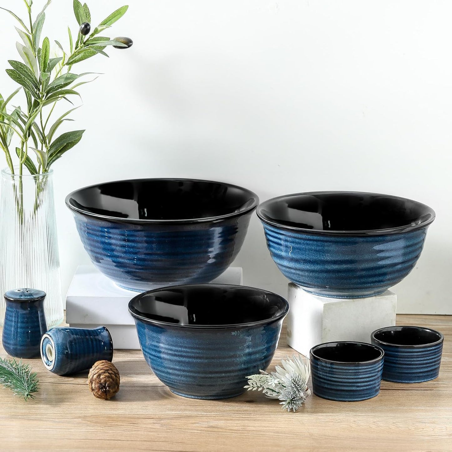 Ceramic Mixing Bowls,Large Serving Bowls 2.1/1.5/1.0 Qt,Salad Bowls Set of 3 for Kitchen Space Saving Storage,Nesting Bowls for Popcorn,Soup,Fruit, Microwave & Dishwasher Safe,Navy Blue