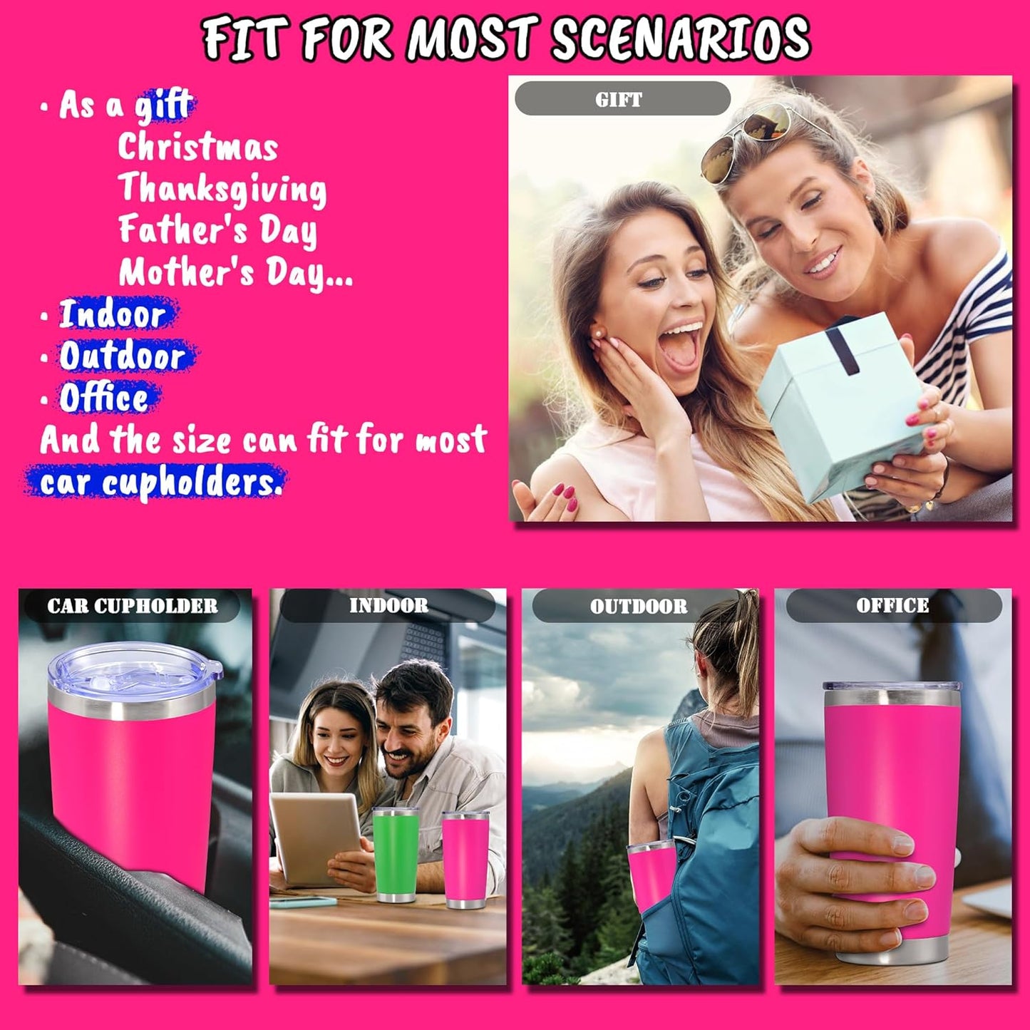 20 oz Tumbler with lid Double Wall Vacuum Insulated Tumblers Stainless Steel Coffee Mug Travel Coffee Tumbler Powder Coated Tumbler Cup Keep Hot&Cold - (Hot Pink 12 Pack)