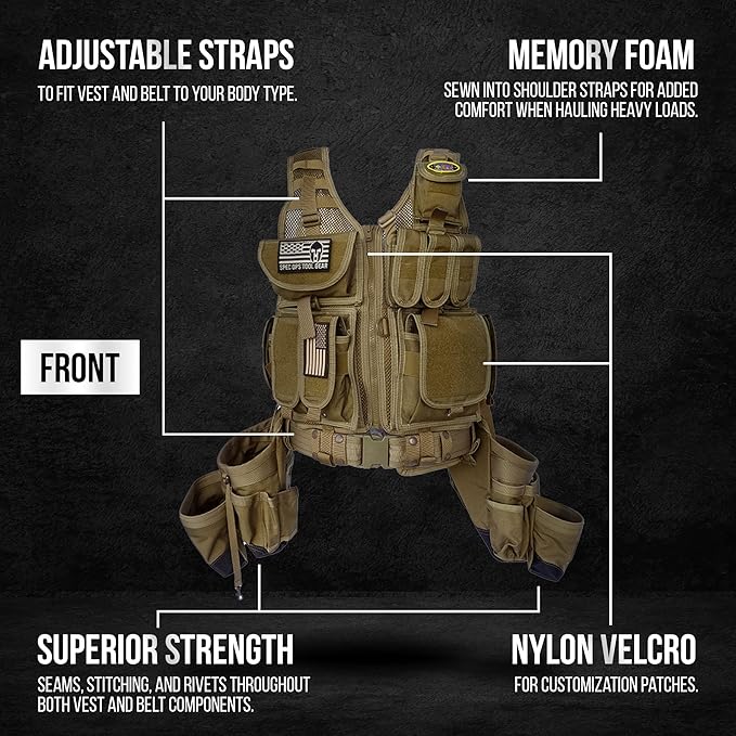 SOTG Charlie Tactical Tool Vest with Tools Pouches, Lightweight & Durable Construction Vest with Weight Dispersal Technology for Construction Work, Framers, Electricians, Carpenters