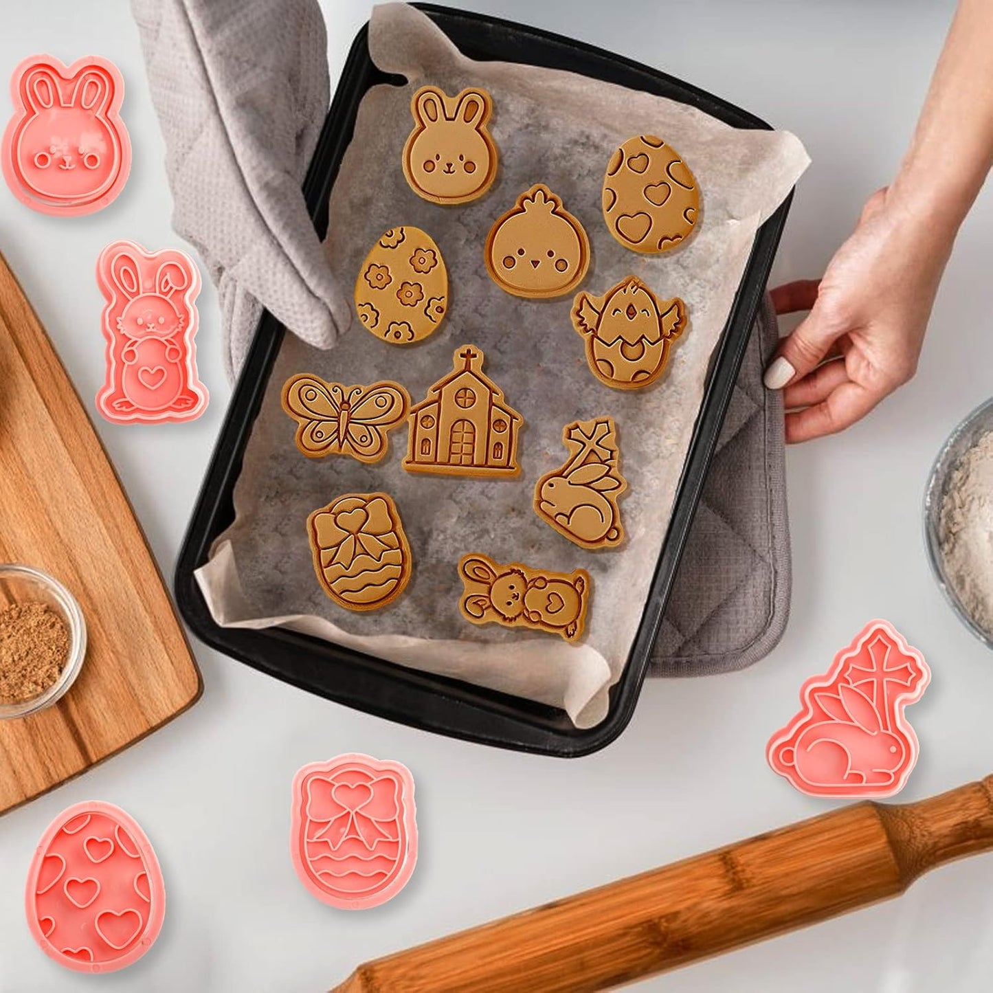 10 Pcs Cookie Cutters Set Cookie Stamps 3D Cookie Stamps for Biscuit Snacks Fondant Cheese Baking Molds for Rabbit Egg Butterfly Church Chick