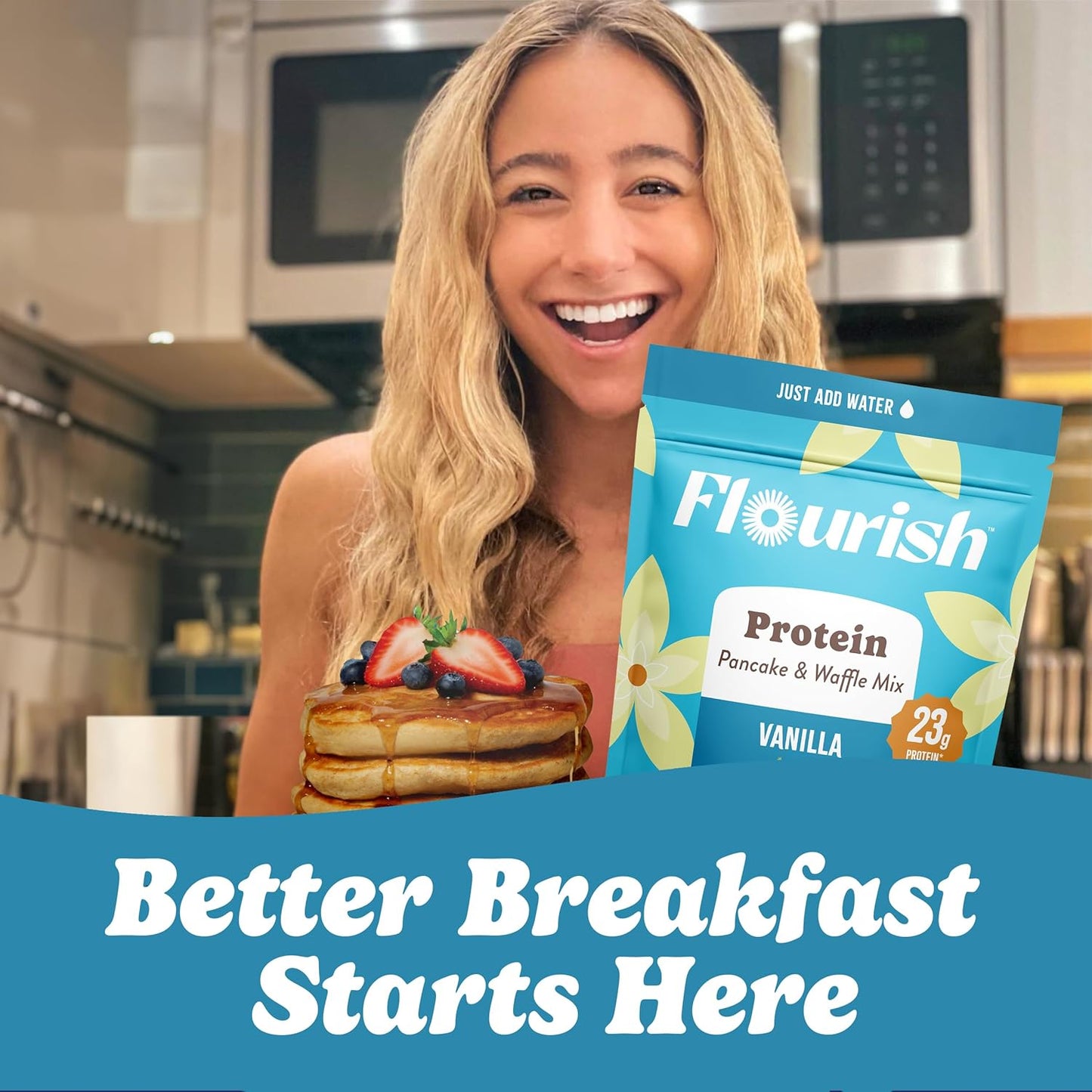 Flourish Protein Pancake & Waffle Mix, with Whey Protein & Flax Seed, No Added Sugar, High in Protein & Fiber - Just Add Water - Vanilla Flavour, 430g (2 Pack) - Made in Canada