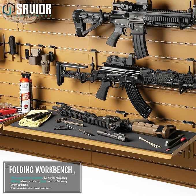 Savior Equipment Wall Rack System Heavy-Duty Steel Folding Table Workbench Shelf Collapsible Wall Mount Hanger, Modular Firearms Gun Wall Gear Accessories Organizer