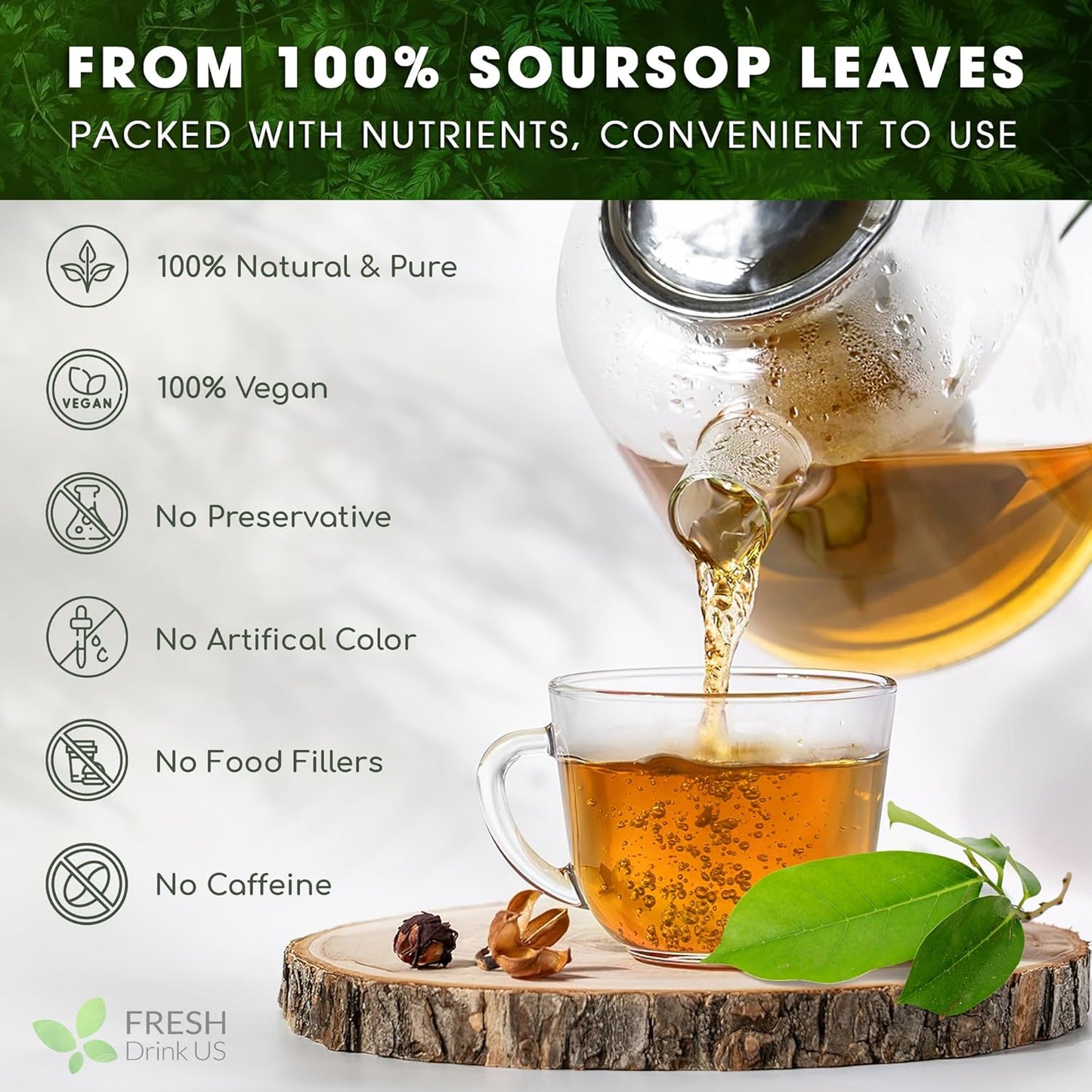 FreshDrinkUS, Premium 75 Soursop Graviola Leaf Tea Bags, 100% Natural and Pure from Soursop Leaves, Handmade, Made With Natural Materials-Corn Fiber Tea Bag, Sugar/ Caffeine/ Gluten Free, Hoja Guanabana Tea