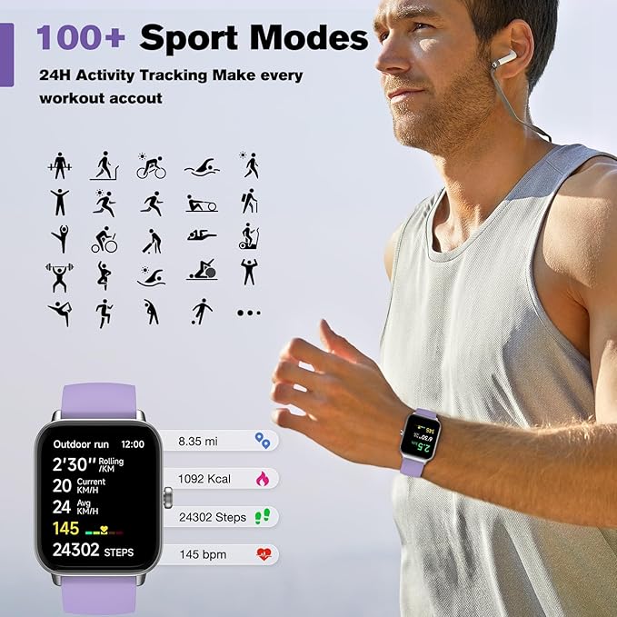 Smart Watch for Women Android iPhone Compatible, 1.8” Touchscreen,Bluetooth Call,24/7 Heart Rate, SpO2 Monitor, Step Counting, Sleep Tracking, IP68 Waterproof Activity Tracker and Smartwatch(Purple)