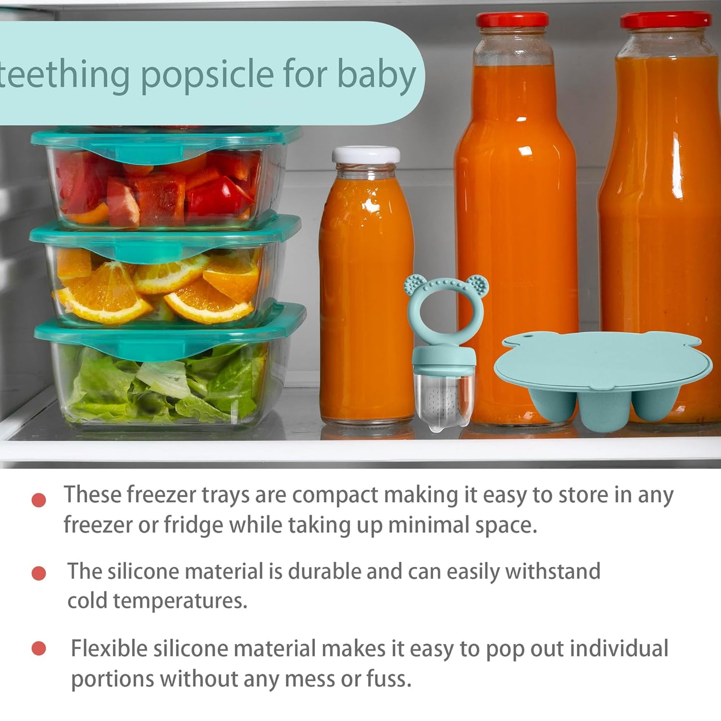 Silicone Baby Food Freezer Tray with Teething Popsicle Molds - Baby Fruit Feeder and Breastmilk Teether Combo