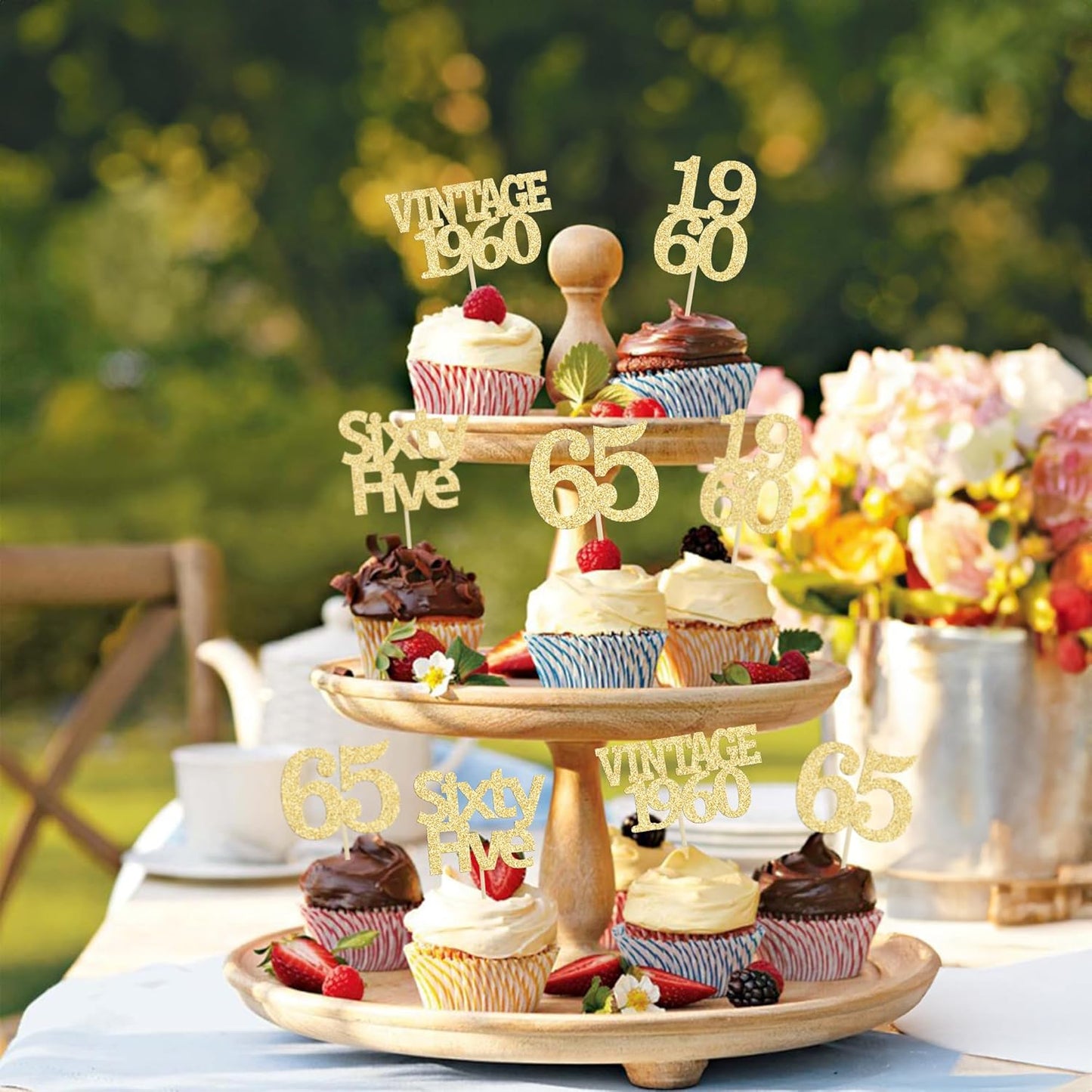 Gyufise 24Pcs 65th Birthday Cupcake Toppers Glitter Cheers to 65 Fabulous Sixty Five Vintage 1960 Cupcake Picks 65th Birthday Wedding Anniversary Party Cake Decorations Supplies Gold