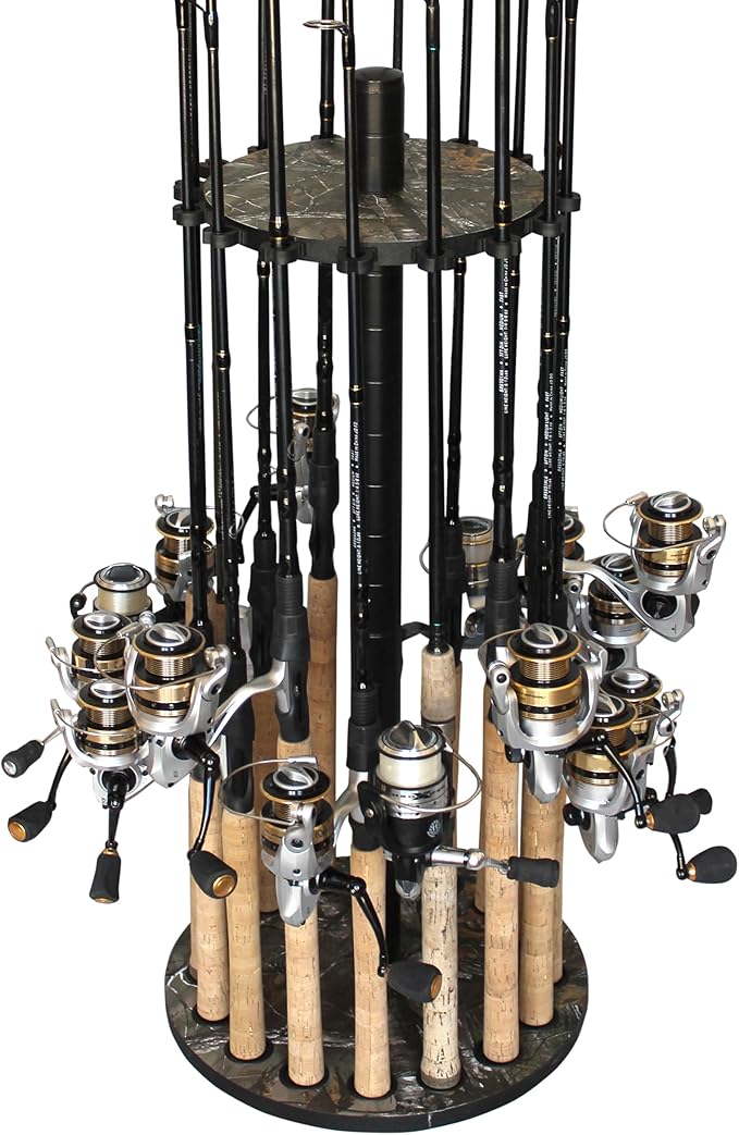 Rush Creek Creations | Round Spinning Fishing Rod Holder for 16 Freshwater Fishing Poles, Fishing Gear, and Fishing Accessories | Fishing Rod Rack with 16 Fishing Rod Clips for Garage Organization