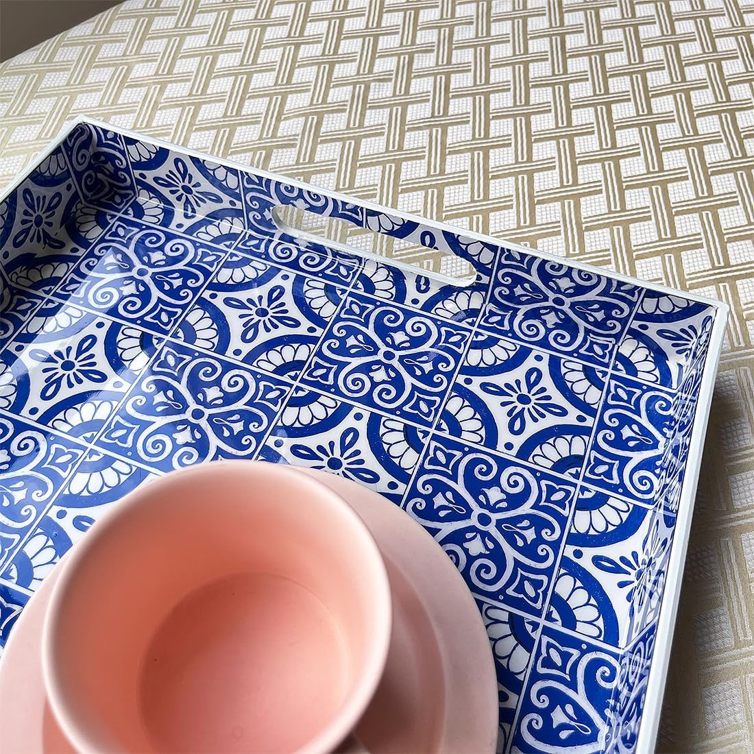 2 Pack Serving Tray with Handles, Rectangular Decorative Trays for Coffee Table, Modern Blue Plastic Ottoman Tray for Living Room, Bathroom, Kitchen, Decor, (Boho Blue)