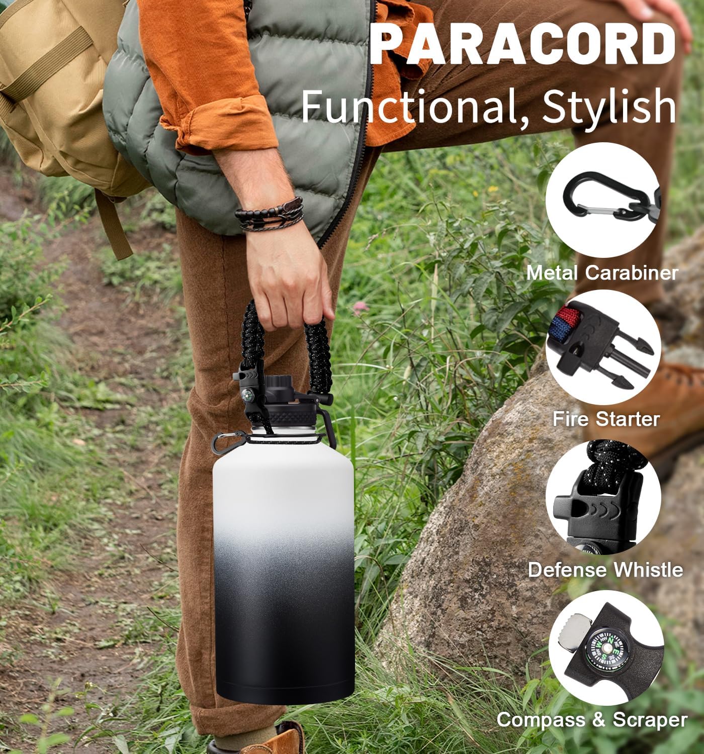 1 Gallon Insulated Water Bottle - with Straw & Auto Chug Lid, Paracord Handle, Bottle Sleeve, 128 oz Stainless Steel Water Bottle, Large Metal Gallon Water Jug Canteen for Sport Work