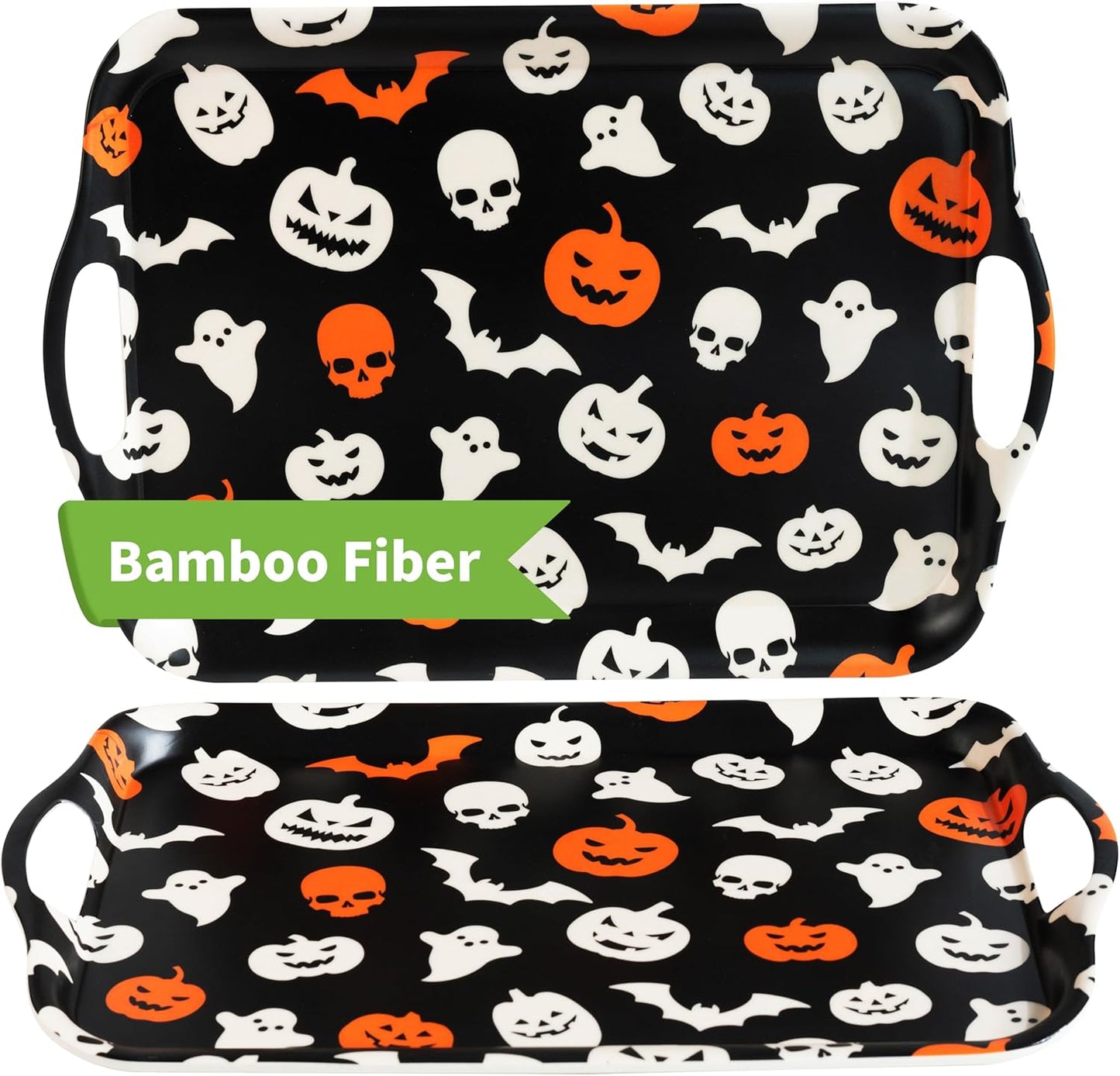 Oasis Choice 2-Pack Halloween Bamboo Fiber Serving Trays - 18x13 Inch Large Platters w/Handles for Horror Party, Birthday,BBQ, Buffet - Pumpkin, Bat & Skeleton Decor (Spooky Black, 18inch)