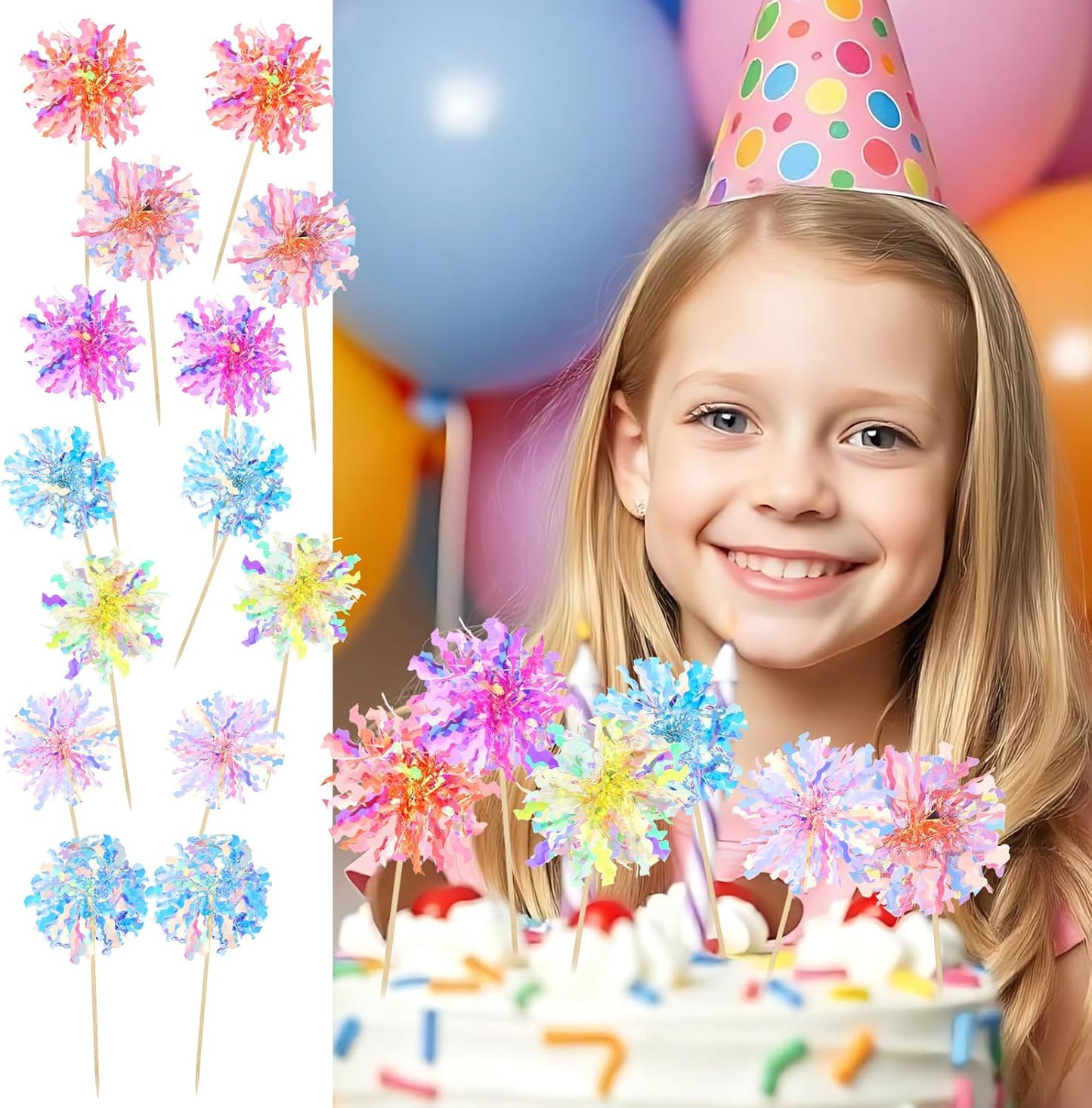 14Pcs Foil Firework Cupcake Toppers, Sparkle Tinsel Cake Toppers, Tinsel Drink Cake Decoration, Cocktail Food Fruit Toothpick for Cake Decoration Party Supplies