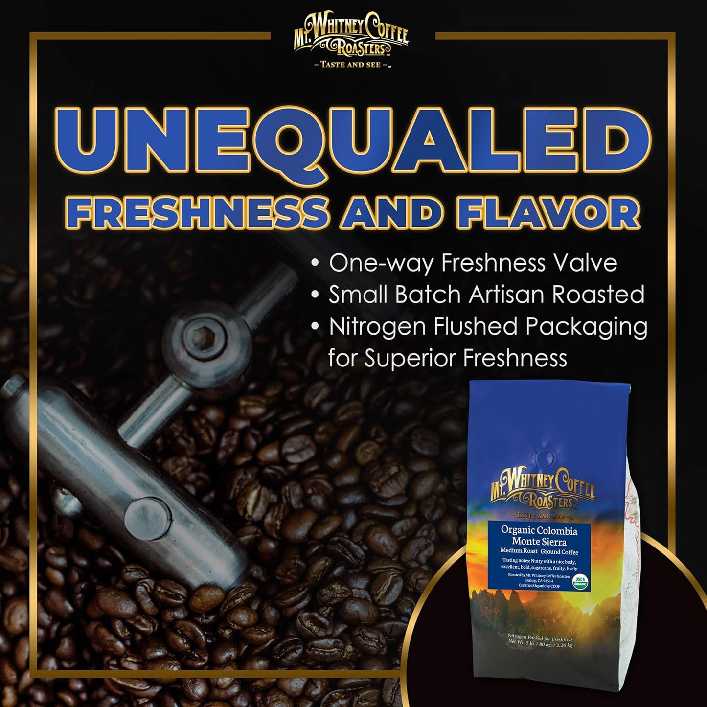 Mt. Whitney Colombia Monte Sierra Organic,Single origin, Medium Dark Roast, Smooth Full Flavored, low Acid Coffee (Ground, 5 Lb)