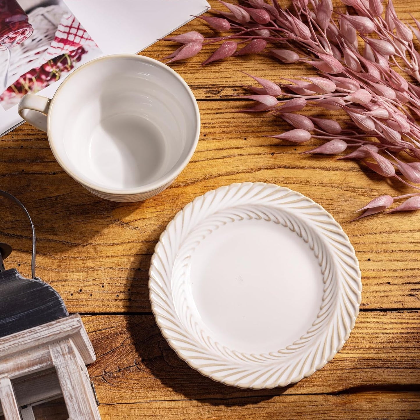 Ceramic Latte Cup with Saucer, 12 OZ Cappuccino Cup Vintage Cafe Art Cups for Espresso Turkish Coffee, Farmhouse Latte Mugs Tea Cups and Saucers Porcelain Set for Baristas Great Gift