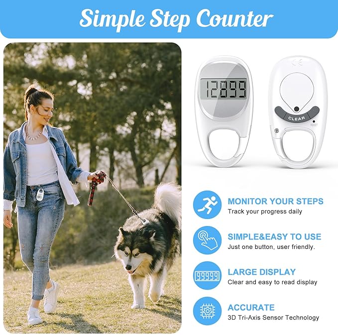 Simple Pedometer for Walking, Accurate Step Tracker with Carabiner, 3D Step Counter for Men Women Kids Seniors