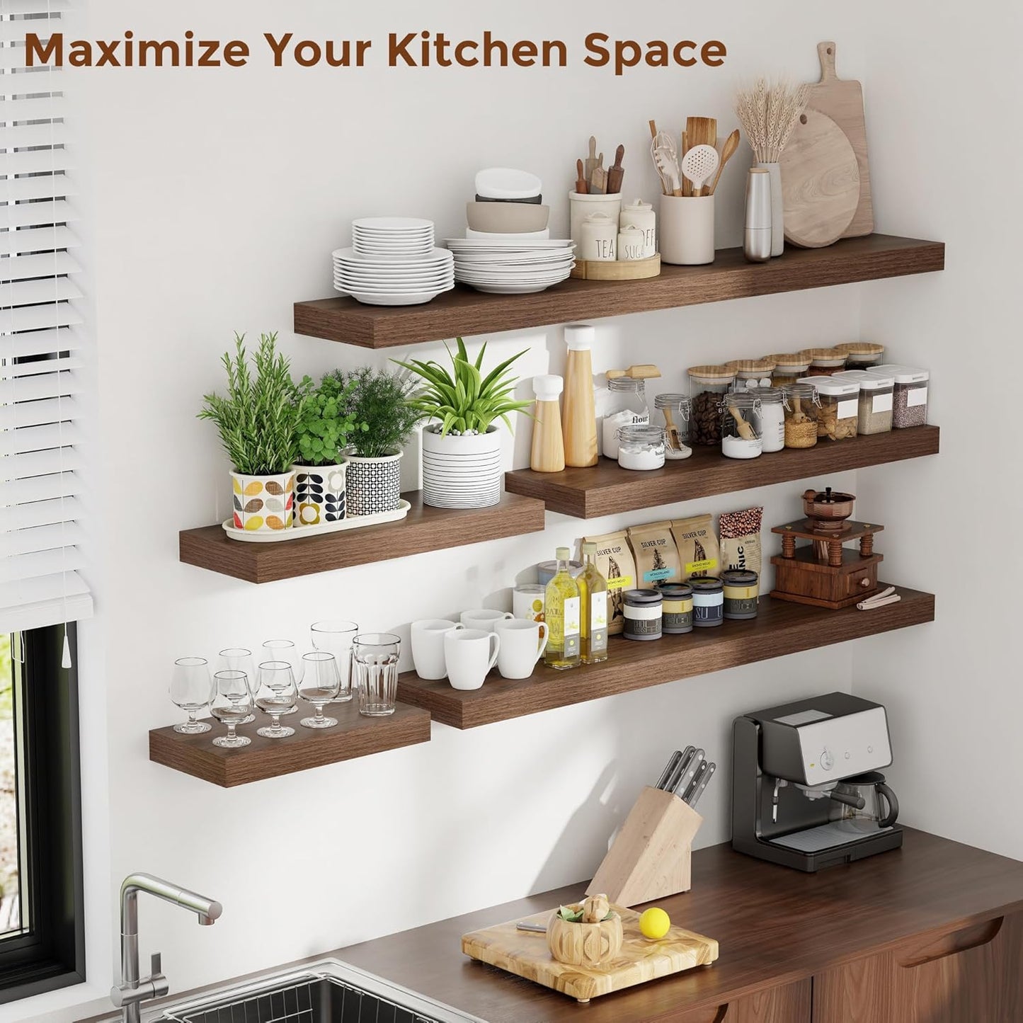 Heimlove 55 Inch Floating Shelves for Wall 8 Inch Deep Walnut Shelves Set of 2,Wall Mounted Rustic Wood Long Floating Shelf,Large Extra Display & Storage Shelf with Invisible Brackets