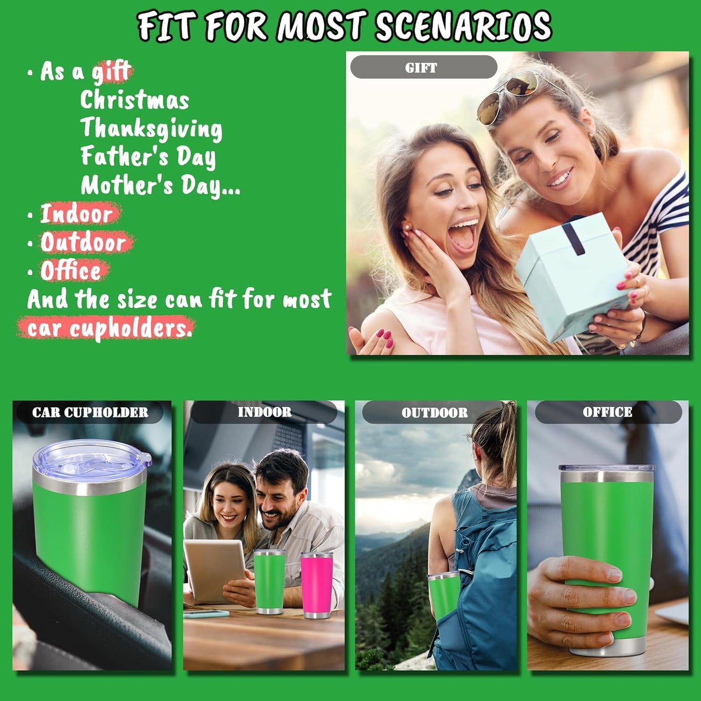 20 oz Tumbler with lid Double Wall Vacuum Insulated Tumblers Stainless Steel Coffee Mug Travel Coffee Tumbler Powder Coated Tumbler Cup Keep Hot&Cold - (Green 1 Pack)