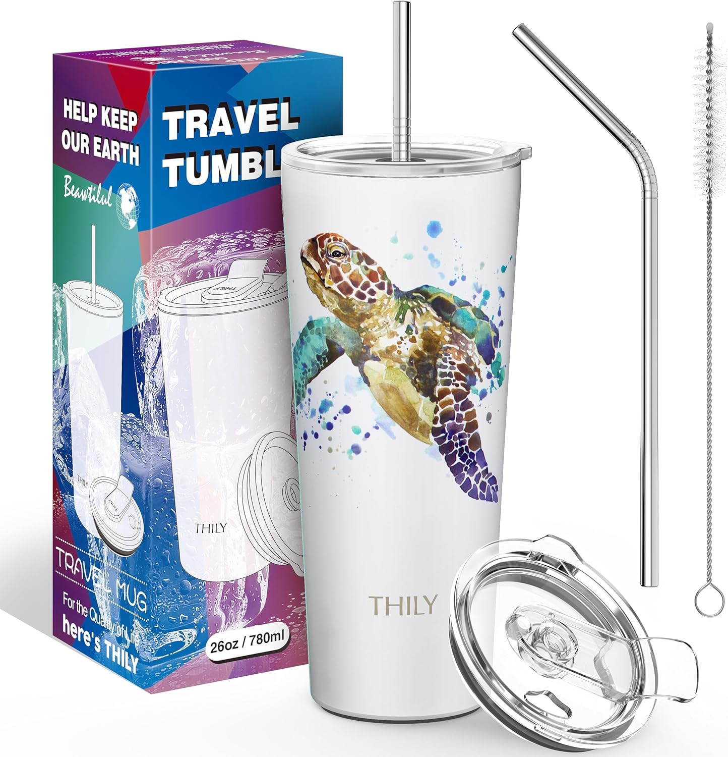 THILY Stainless Steel Vacuum Insulated Tumbler Travel Mug 26 oz Coffee Cup with 2 Lids and Straws, Splash Proof, Keep Ice Drinks Cold, Sea Turtle