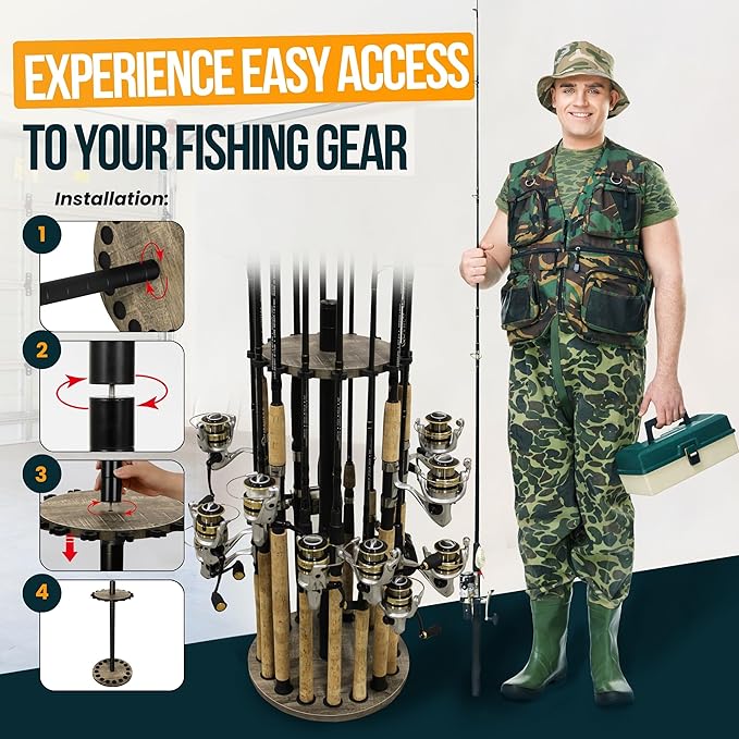 Rush Creek Creations | Round Spinning Fishing Rod Holder for 16 Freshwater Fishing Poles, Fishing Gear, and Fishing Accessories | Fishing Rod Rack with 16 Fishing Rod Clips for Garage Organization