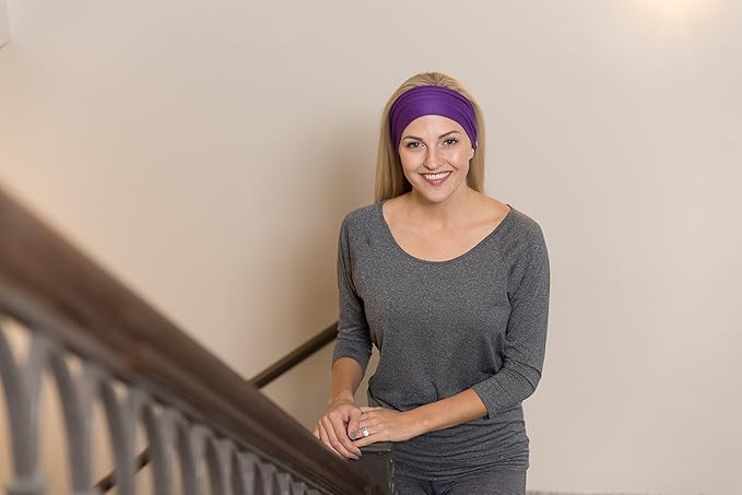 RiptGear Stretch Sport Headband for Women (Purple Solid and Striped) — Non-Slip Sweat Wicking Fabric Great for Yoga, Running or The Gym — Soft Headband Fits Most Head Sizes — (2-Pack)