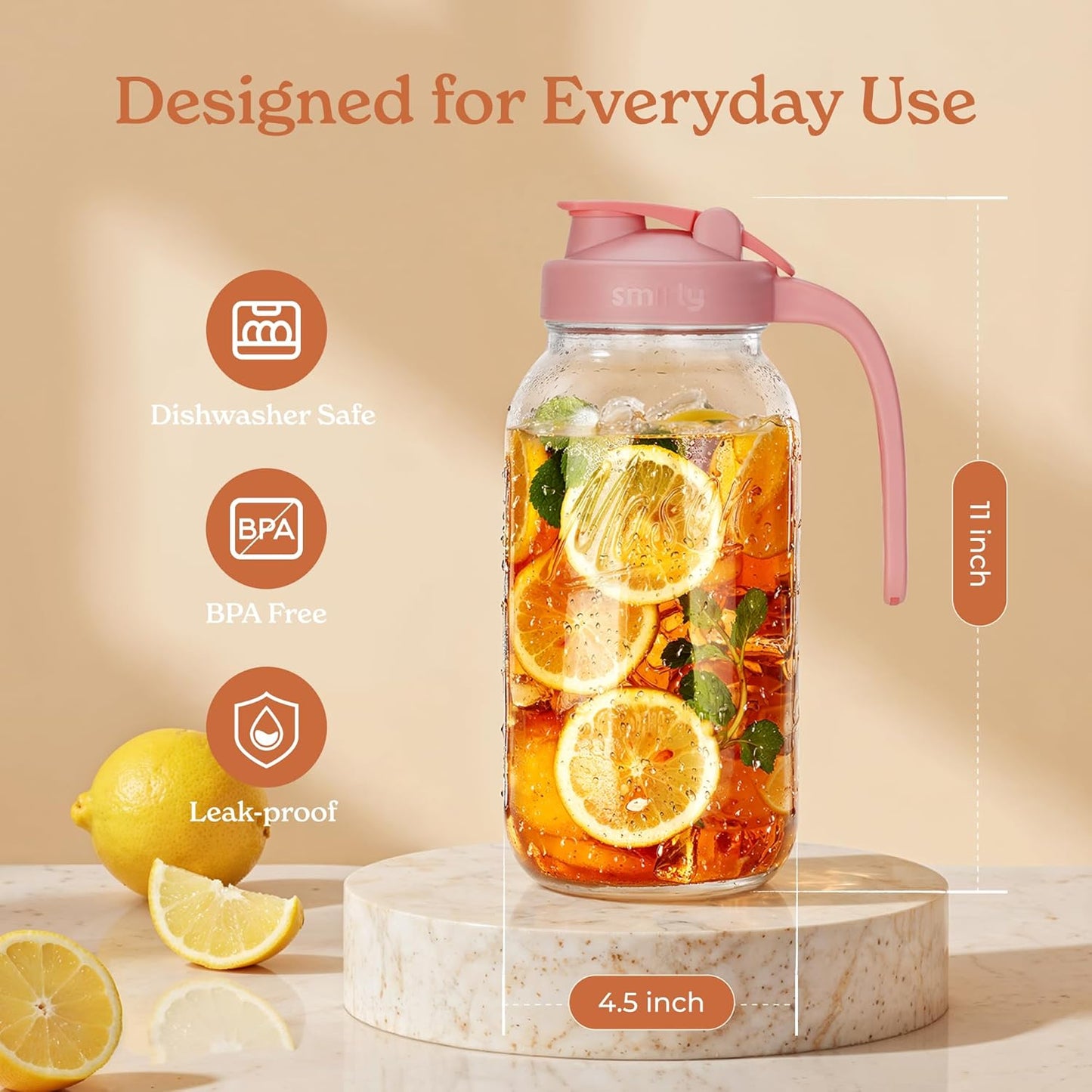 SMIRLY 64 oz Mason Jar Pitcher,Glass Pitcher with Wide Mouth,Water Jug with Double Leak Proof Lid for Iced Coffee,Hot Water,Breast Milk