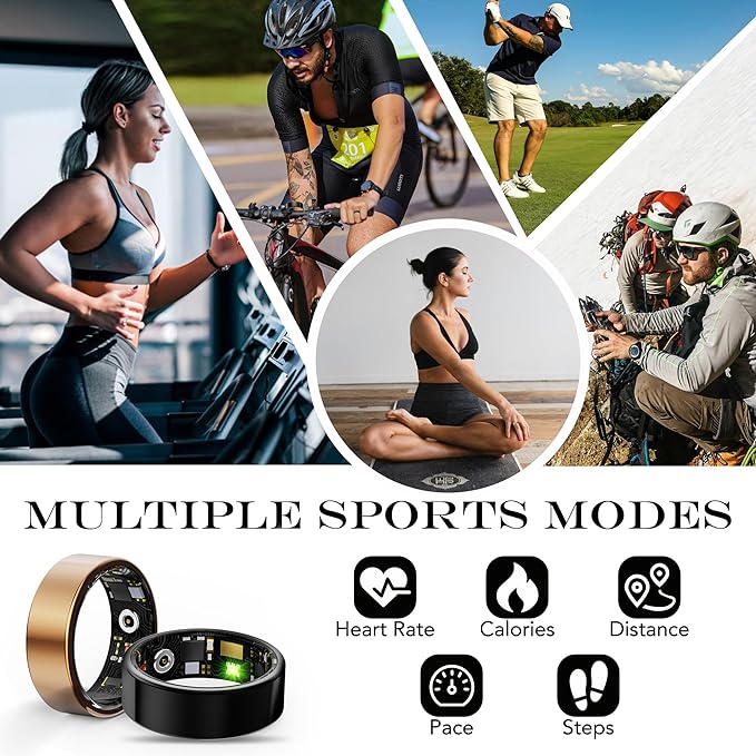 Smart Health Ring for Women Men Fitness Tracker with Heart Rate, Blood Oxygen, Blood Pressure, Sleep Monitoring, Step Counting, IP68 Waterproof for iPhone and Android, No Subscription Fee, Gold 12