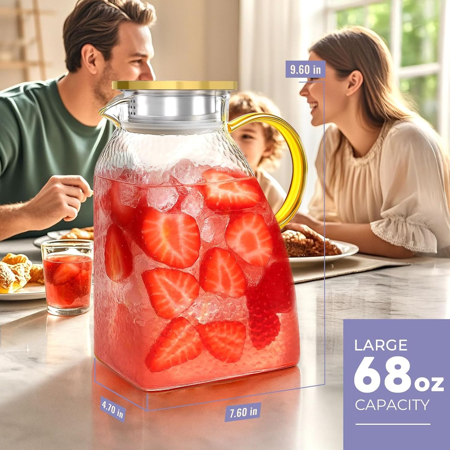 Glass Pitcher With Lid, 2 Liters Glass Pitchers With Handle And Lid, 68 oz Water Pitcher For Fridge, Tea Jug Carafe Jar For Hot/Cold Water Iced Juice Coffee Milk Fruit