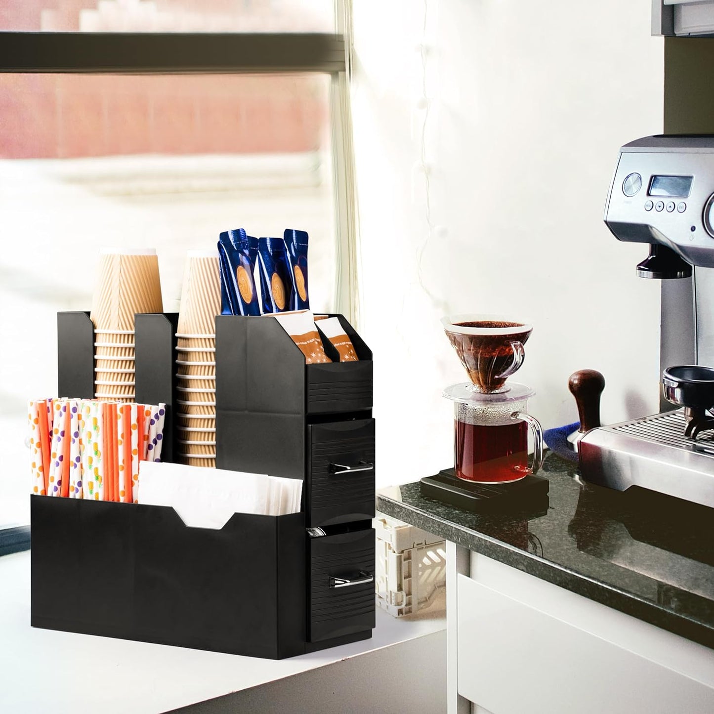 SZQINJI Coffee Condiment Organizer 11-Compartment Breakroom Coffee Station Organizer Countertop Cup Storage with 2 Drawers Black