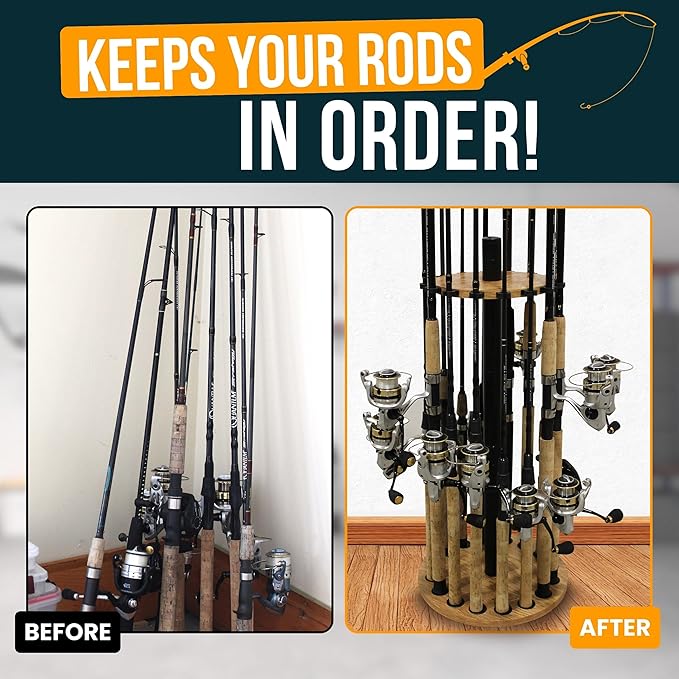 Rush Creek Creations | Round Fishing Rod Holder for 16 Freshwater Fishing Poles, Fishing Gear, and Fishing Accessories | Fishing Rod Rack with 16 Fishing Rod Clips for Garage Organization