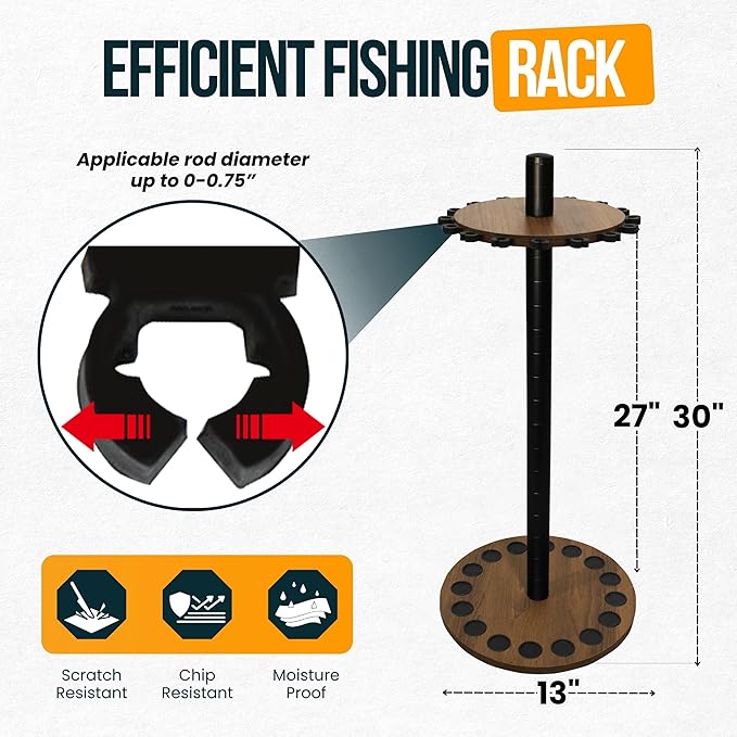 Rush Creek Creations | Round Rod Holder for 16 Freshwater Poles, Gear, and Accessories | Fishing Rack With 16 Rod Clips for Garage Organization