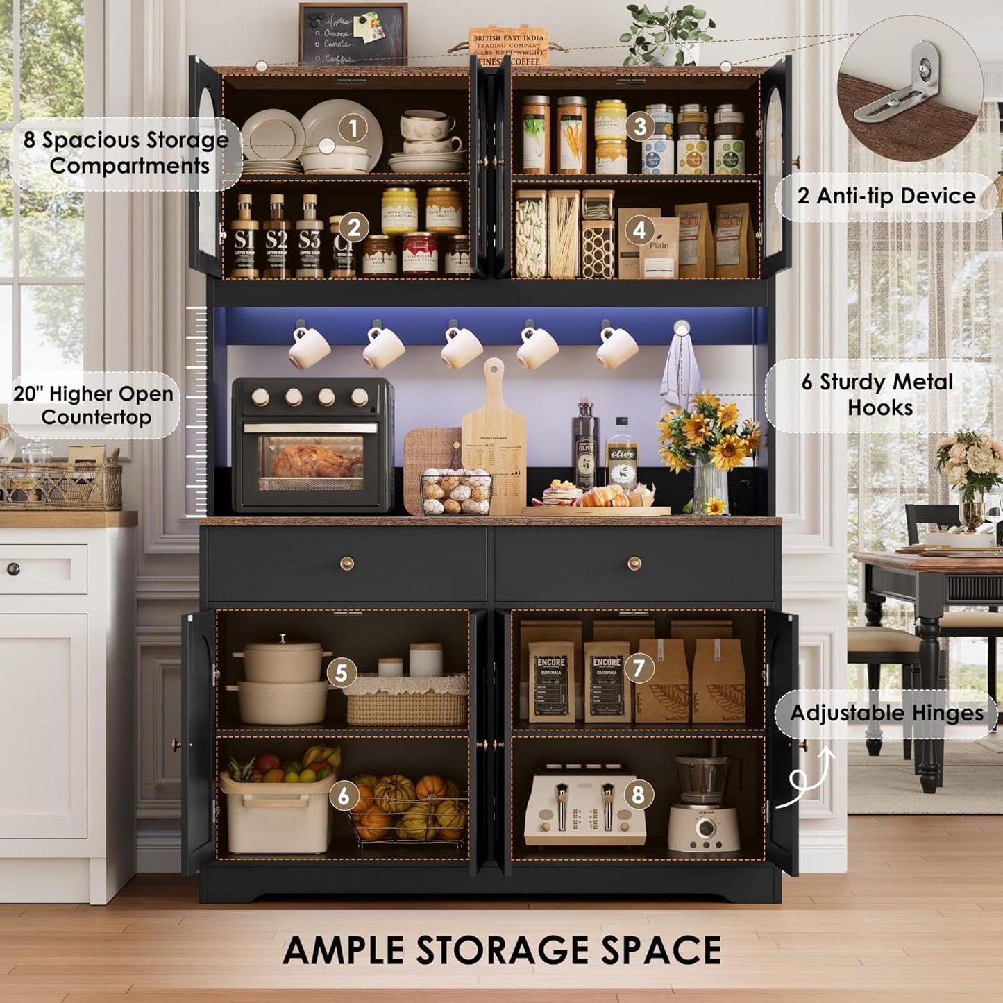 HIFIT 71" LED Kitchen Pantry Cabinet with Power Outlet, Large Kitchen Hutch Storage Cabinet with Arched Door & Shelves & 2 Drawers, Tall Farmhouse Coffee Bar w/Hutch for Home Dining Living Room, Black