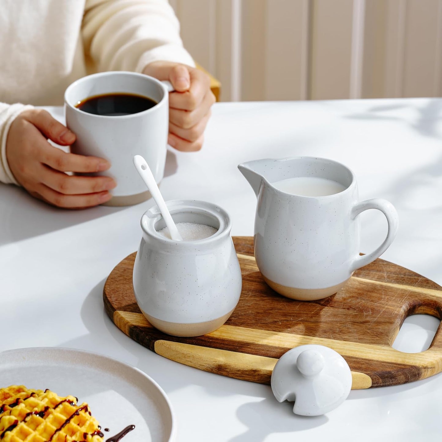 famiware Milkyway Ceramic Sugar and Creamer Set, 10oz Sugar Bowl & 13oz Creamer Set – Stoneware Milk Pitcher & Sugar Dispenser for Coffee Bar, Kitchen, or Countertop, Coffee Serving Set, Light Gray