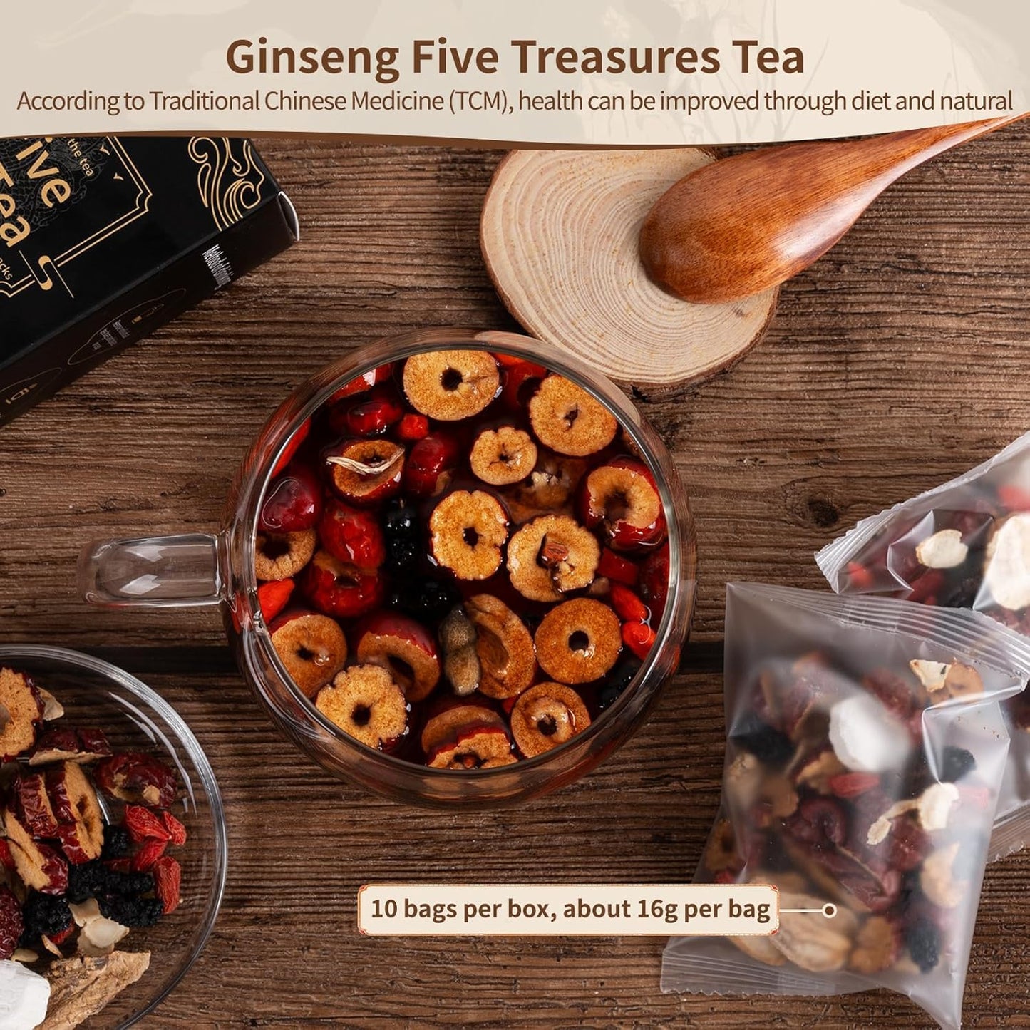 Ginseng Five Treasures Tea Kidney Tea, Traditional Chinese Herbal Tea, Natural Organic Kidney Cleanse Detox Tea for Women & Men, 7 Precious Ingredients Formula(1 Pack/25 Bags)