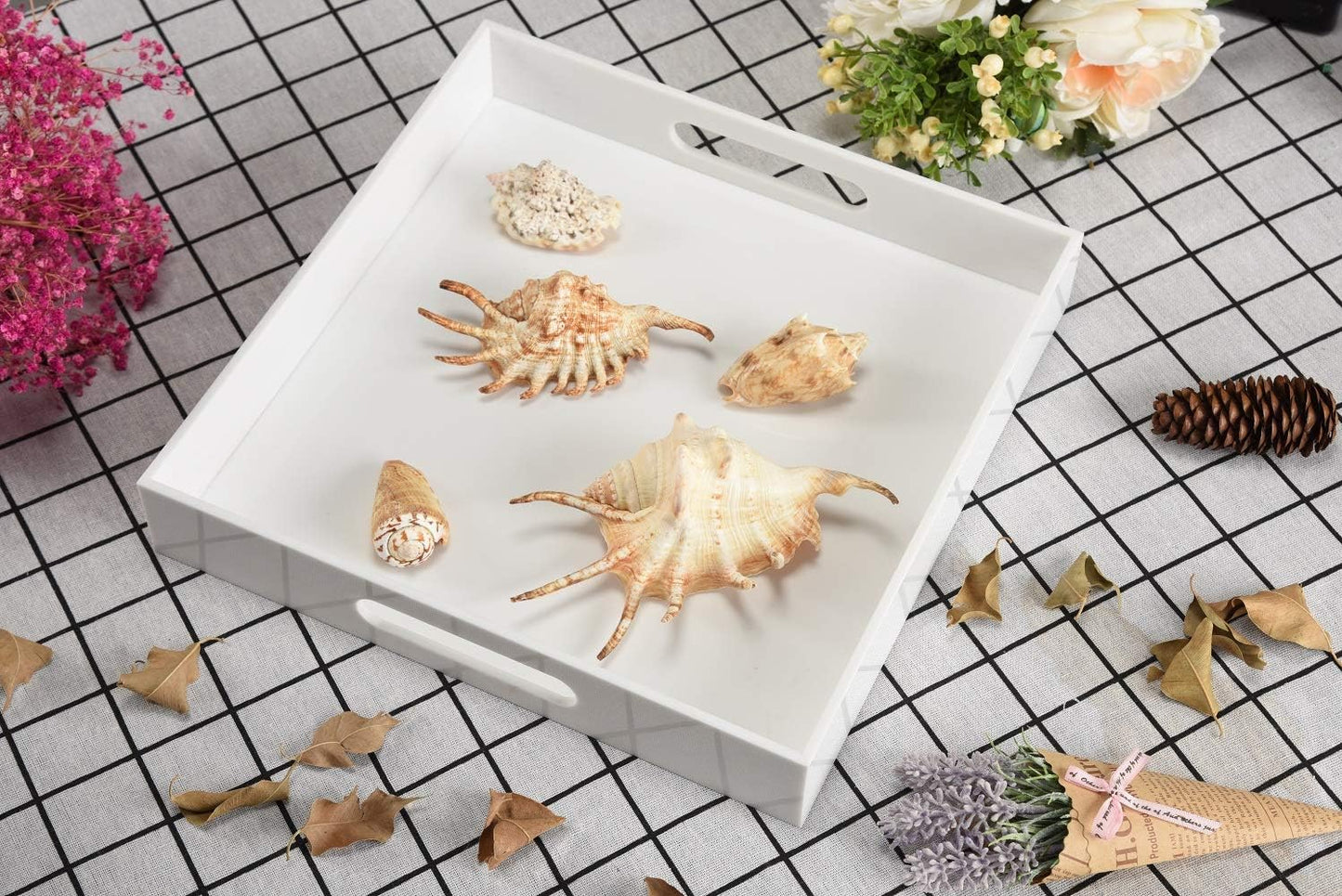 Glossy White Sturdy Acrylic Serving Tray with Handles-10x10Inch-Serving Coffee,Appetizer,Breakfast,Butler-Kitchen Countertop-Makeup Drawer Organizer-Vanity Table,Ottoman Tray-Decorative Tray